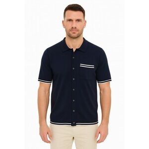 IKE BEHAR Mens Navy Modal Short Sleeve‎ Knit Polo Shirt Button down Size Large